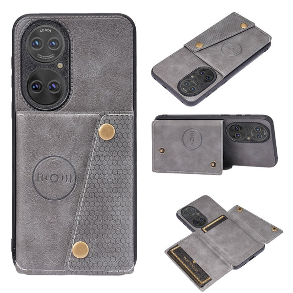 For Huawei P50 Double Buckle PU + TPU Shockproof Magnetic Protective Case with Card Slot & Holder(Grey)