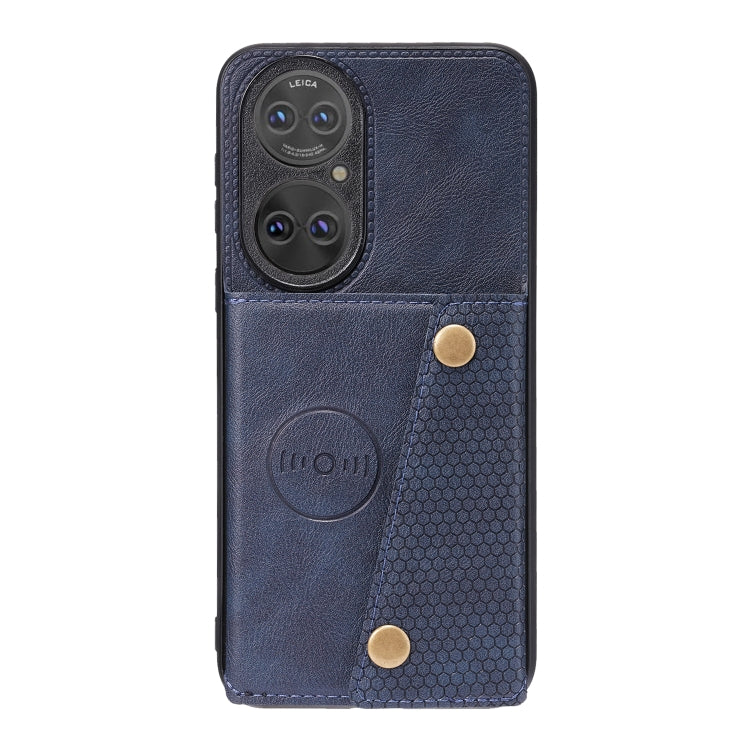 For Huawei P50 Double Buckle PU + TPU Shockproof Magnetic Protective Case with Card Slot & Holder(Blue)