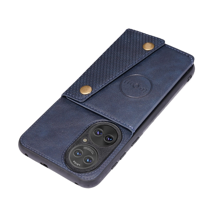 For Huawei P50 Double Buckle PU + TPU Shockproof Magnetic Protective Case with Card Slot & Holder(Blue)