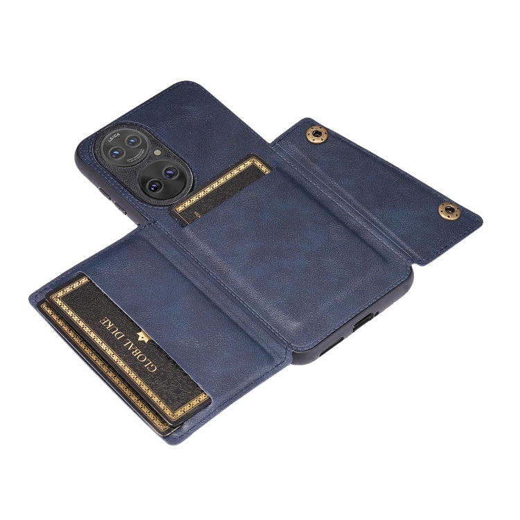 For Huawei P50 Double Buckle PU + TPU Shockproof Magnetic Protective Case with Card Slot & Holder(Blue)