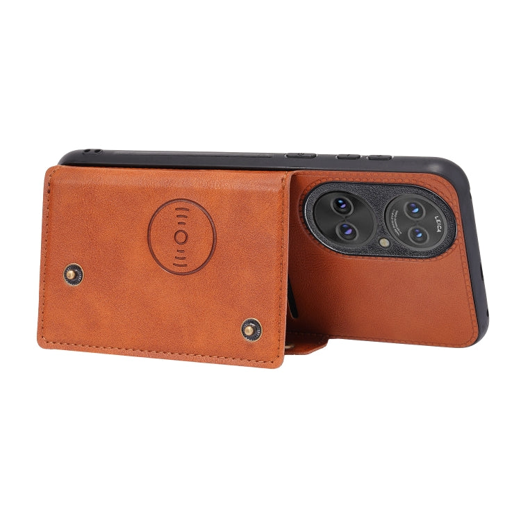 For Huawei P50 Double Buckle PU + TPU Shockproof Magnetic Protective Case with Card Slot & Holder(Brown)