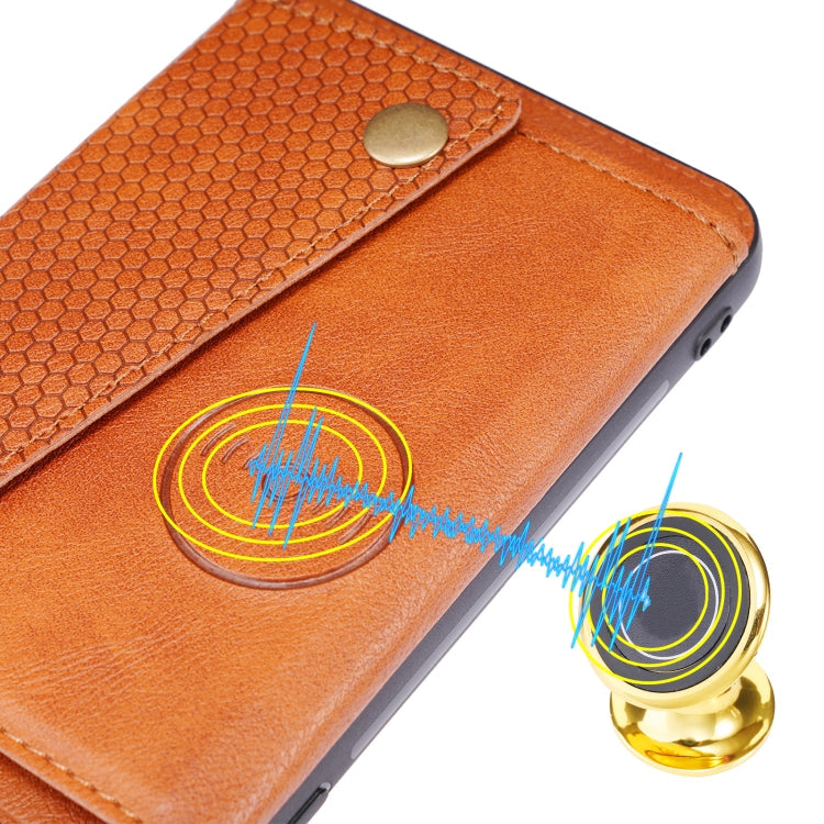 For Huawei P50 Double Buckle PU + TPU Shockproof Magnetic Protective Case with Card Slot & Holder(Brown)