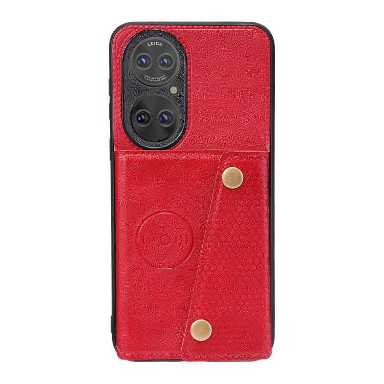 For Huawei P50 Double Buckle PU + TPU Shockproof Magnetic Protective Case with Card Slot & Holder(Red)