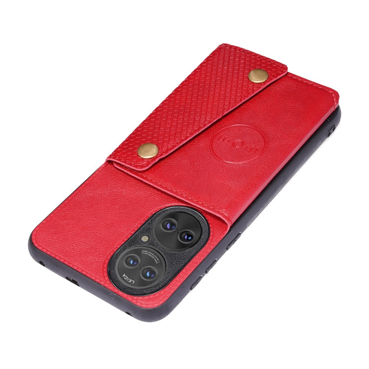 For Huawei P50 Double Buckle PU + TPU Shockproof Magnetic Protective Case with Card Slot & Holder(Red)