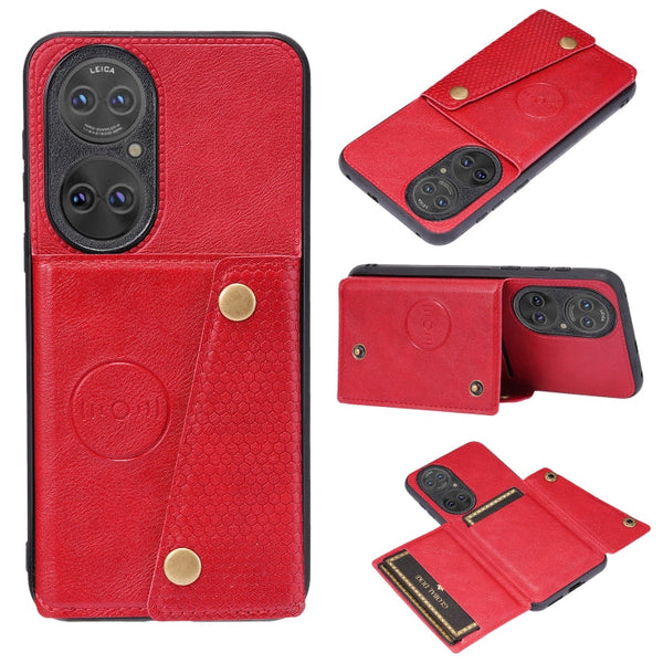For Huawei P50 Double Buckle PU + TPU Shockproof Magnetic Protective Case with Card Slot & Holder(Red)