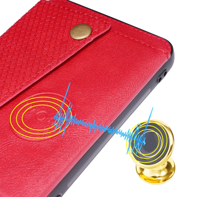 For Huawei P50 Double Buckle PU + TPU Shockproof Magnetic Protective Case with Card Slot & Holder(Red)