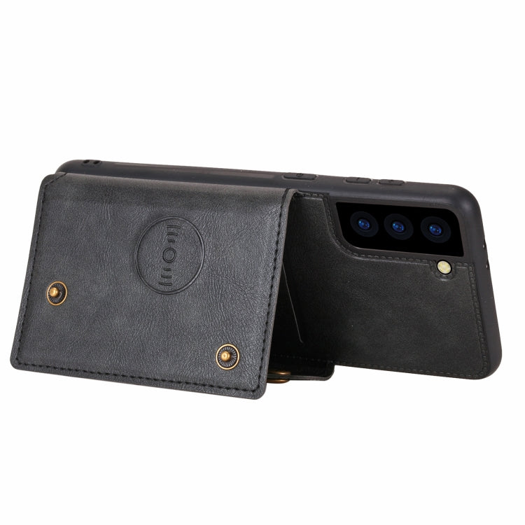 For Samsung Galaxy S21 FE Double Buckle PU + TPU Shockproof Magnetic Protective Case with Card Slot & Holder(Black)