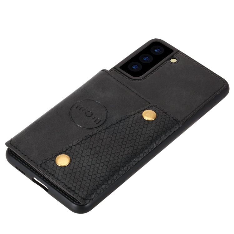 For Samsung Galaxy S21 FE Double Buckle PU + TPU Shockproof Magnetic Protective Case with Card Slot & Holder(Black)