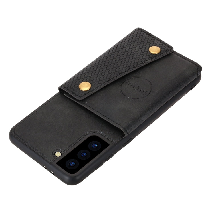 For Samsung Galaxy S21 FE Double Buckle PU + TPU Shockproof Magnetic Protective Case with Card Slot & Holder(Black)