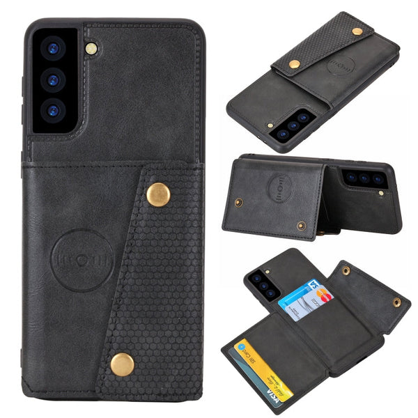 For Samsung Galaxy S21 FE Double Buckle PU + TPU Shockproof Magnetic Protective Case with Card Slot & Holder(Black)