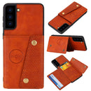 For Samsung Galaxy S21 FE Double Buckle PU + TPU Shockproof Magnetic Protective Case with Card Slot & Holder(Brown)