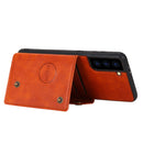 For Samsung Galaxy S21 FE Double Buckle PU + TPU Shockproof Magnetic Protective Case with Card Slot & Holder(Brown)