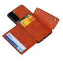 For Samsung Galaxy S21 FE Double Buckle PU + TPU Shockproof Magnetic Protective Case with Card Slot & Holder(Brown)