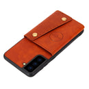 For Samsung Galaxy S21 FE Double Buckle PU + TPU Shockproof Magnetic Protective Case with Card Slot & Holder(Brown)