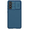 For Samsung Galaxy S21 FE 5G NILLKIN Black Mirror Pro Series Camshield Full Coverage Dust-proof Scratch Resistant Phone Case(Blue)