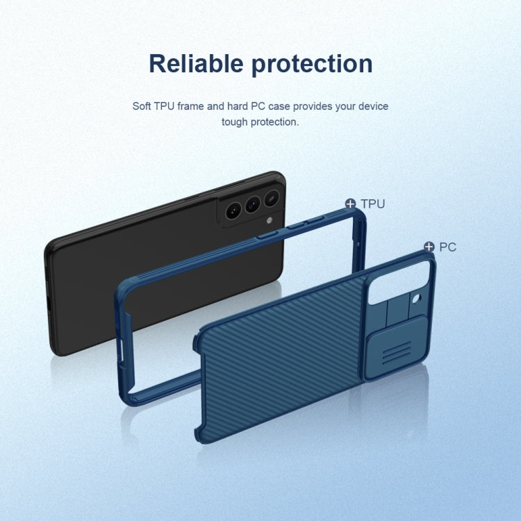 For Samsung Galaxy S21 FE 5G NILLKIN Black Mirror Pro Series Camshield Full Coverage Dust-proof Scratch Resistant Phone Case(Blue)