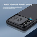 For Samsung Galaxy S21 FE 5G NILLKIN Black Mirror Pro Series Camshield Full Coverage Dust-proof Scratch Resistant Phone Case(Blue)