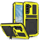 For Samsung Galaxy S21 FE R-JUST Shockproof Waterproof Dust-proof Metal + Silicone Protective Case with Holder(Yellow)