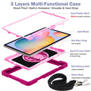 For Samsung Galaxy Tab S6 Lite P610/P615 360 Degree Rotation Contrast Color Shockproof Silicone + PC Case with Holder & Hand Grip Strap & Shoulder Strap(Rose Red+Pink)