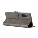 For Samsung Galaxy S21 FE 5G Stitching Style 2-Color Cow Texture Horizontal Flip PU Leather Case with Holder & Card Slot & Lanyard(Gray)