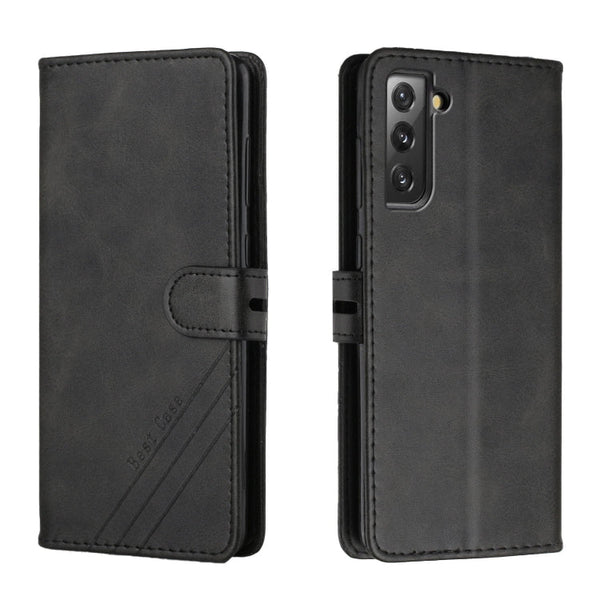 For Samsung Galaxy S21 FE 5G Stitching Style 2-Color Cow Texture Horizontal Flip PU Leather Case with Holder & Card Slot & Lanyard(Black)