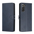 For Samsung Galaxy S21 FE 5G Stitching Style 2-Color Cow Texture Horizontal Flip PU Leather Case with Holder & Card Slot & Lanyard(Blue)
