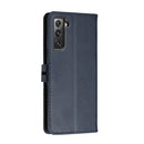 For Samsung Galaxy S21 FE 5G Stitching Style 2-Color Cow Texture Horizontal Flip PU Leather Case with Holder & Card Slot & Lanyard(Blue)