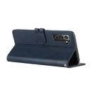 For Samsung Galaxy S21 FE 5G Stitching Style 2-Color Cow Texture Horizontal Flip PU Leather Case with Holder & Card Slot & Lanyard(Blue)