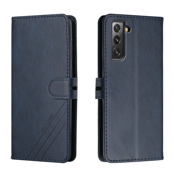 For Samsung Galaxy S21 FE 5G Stitching Style 2-Color Cow Texture Horizontal Flip PU Leather Case with Holder & Card Slot & Lanyard(Blue)