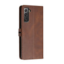 For Samsung Galaxy S21 FE 5G Stitching Style 2-Color Cow Texture Horizontal Flip PU Leather Case with Holder & Card Slot & Lanyard(Brown)