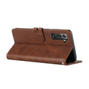 For Samsung Galaxy S21 FE 5G Stitching Style 2-Color Cow Texture Horizontal Flip PU Leather Case with Holder & Card Slot & Lanyard(Brown)