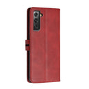 For Samsung Galaxy S21 FE 5G Stitching Style 2-Color Cow Texture Horizontal Flip PU Leather Case with Holder & Card Slot & Lanyard(Red)