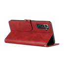 For Samsung Galaxy S21 FE 5G Stitching Style 2-Color Cow Texture Horizontal Flip PU Leather Case with Holder & Card Slot & Lanyard(Red)