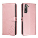 For Samsung Galaxy S21 FE 5G Stitching Style 2-Color Cow Texture Horizontal Flip PU Leather Case with Holder & Card Slot & Lanyard(Rose Gold)