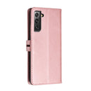 For Samsung Galaxy S21 FE 5G Stitching Style 2-Color Cow Texture Horizontal Flip PU Leather Case with Holder & Card Slot & Lanyard(Rose Gold)