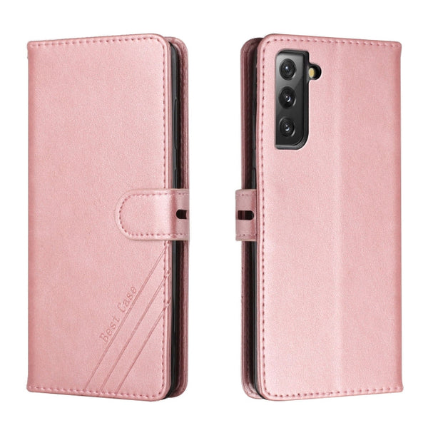 For Samsung Galaxy S21 FE 5G Stitching Style 2-Color Cow Texture Horizontal Flip PU Leather Case with Holder & Card Slot & Lanyard(Rose Gold)