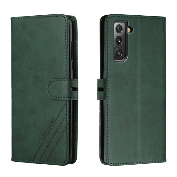 For Samsung Galaxy S21 FE 5G Stitching Style 2-Color Cow Texture Horizontal Flip PU Leather Case with Holder & Card Slot & Lanyard(Green)
