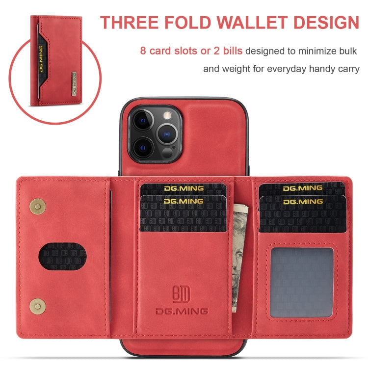 DG.MING M2 Series 3-Fold Multi Card Bag + Magnetic Back Cover Shockproof Case with Wallet & Holder Function For iPhone 12 / 12 Pro(Red)