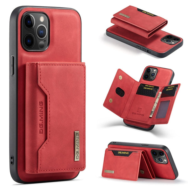 DG.MING M2 Series 3-Fold Multi Card Bag + Magnetic Back Cover Shockproof Case with Wallet & Holder Function For iPhone 12 / 12 Pro(Red)