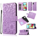 For Samsung Galaxy A71 Skin Feel Embossed Sunflower Horizontal Flip Leather Case with Holder & Card Slots & Wallet & Lanyard(Purple)