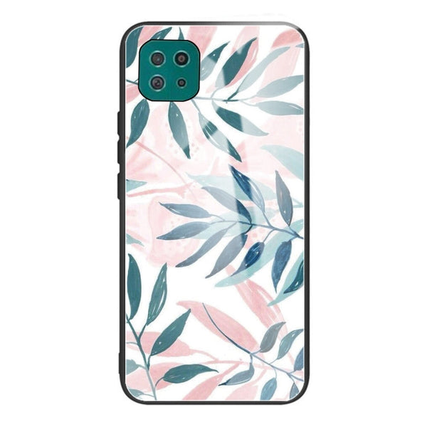 For Samsung Galaxy A22 5G Colorful Painted Glass Shockproof Protective Case(Leaves)