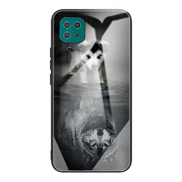 For Samsung Galaxy A22 5G Colorful Painted Glass Shockproof Protective Case(Puppy)