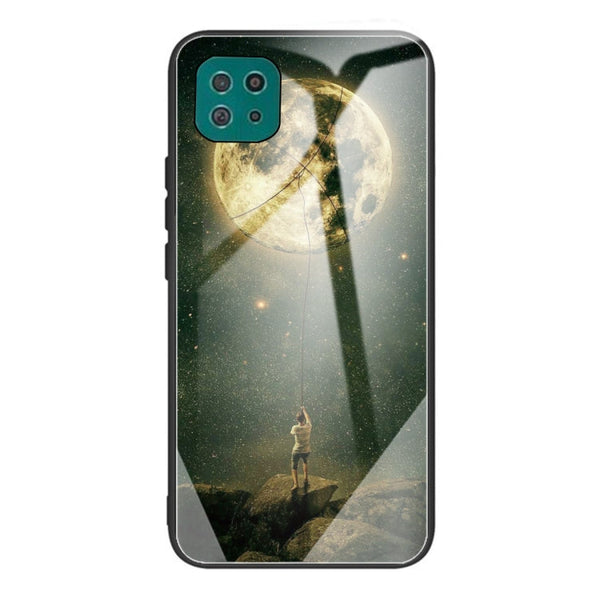 For Samsung Galaxy A22 5G Colorful Painted Glass Shockproof Protective Case(Moon)
