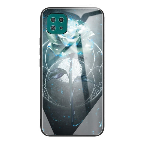For Samsung Galaxy A22 5G Colorful Painted Glass Shockproof Protective Case(Rose)