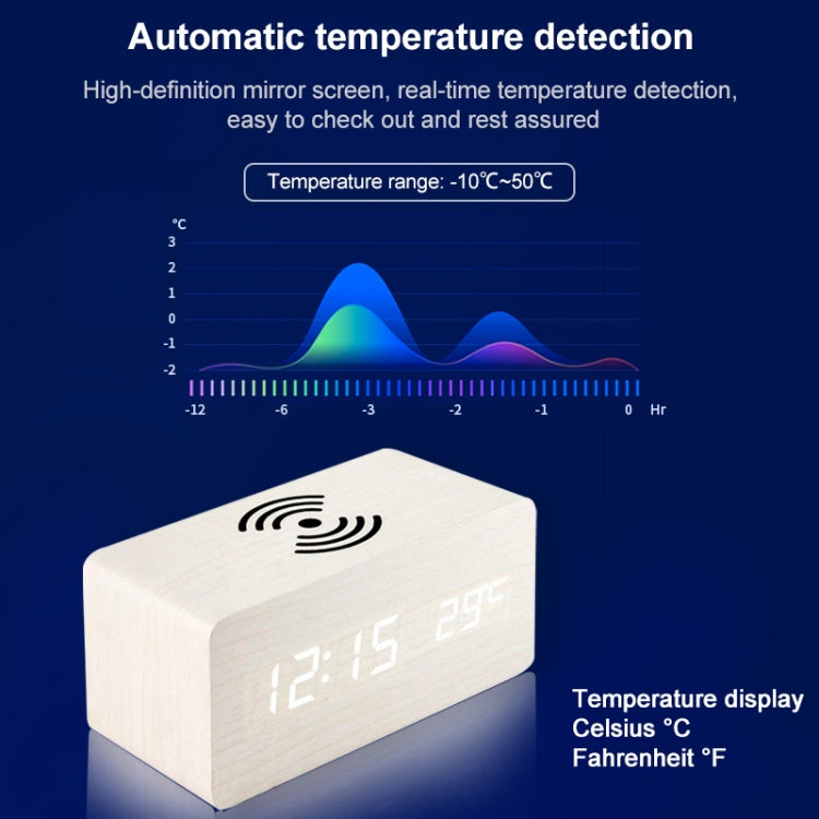 KD8801 5W Wooden Creative Wireless Charger LED Mirror Digital Display Sub-alarm Clock, Regular Style(Bamboo White Characters)
