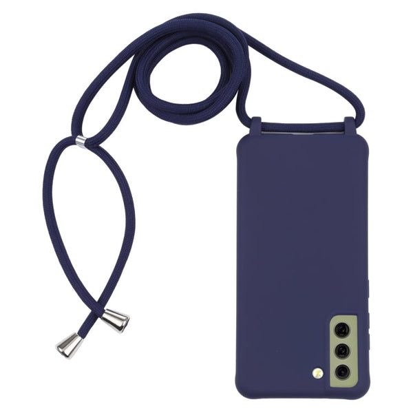 For Samsung Galaxy S21 FE Candy Colors TPU Protective Case with Lanyard(Dark Blue)
