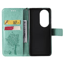 For Huawei P50 Pro Tree & Cat Pattern Pressed Printing Horizontal Flip PU Leather Case with Holder & Card Slots & Wallet & Lanyard(Green)