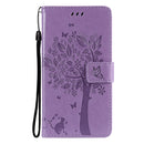 For Huawei P50 Pro Tree & Cat Pattern Pressed Printing Horizontal Flip PU Leather Case with Holder & Card Slots & Wallet & Lanyard(Light Purple)