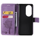 For Huawei P50 Pro Tree & Cat Pattern Pressed Printing Horizontal Flip PU Leather Case with Holder & Card Slots & Wallet & Lanyard(Light Purple)