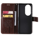 For Huawei P50 Pro Tree & Cat Pattern Pressed Printing Horizontal Flip PU Leather Case with Holder & Card Slots & Wallet & Lanyard(Coffee)